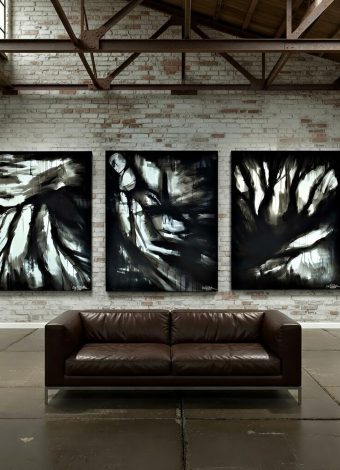 WHEN NIGHTS ARE MORE BEAUTIFUL THAN DAYS. triptych 2023. 380x150 cm / 149,6x59,1 in. oil and acrylic on canvas