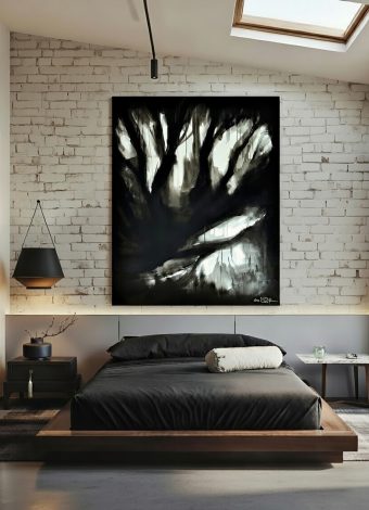 UNDER DARK TREES I DREAM OF A PERFECT WORLD. 2023. 150x120 cm / 59,1x47,2 in. oil and acrylic on canvas