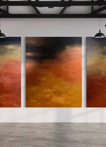 THE GOLDEN EMPIRE AWAKENS. triptych 2024. 380x150 cm / 149,6x59,1 in. oil and acrylic on canvas