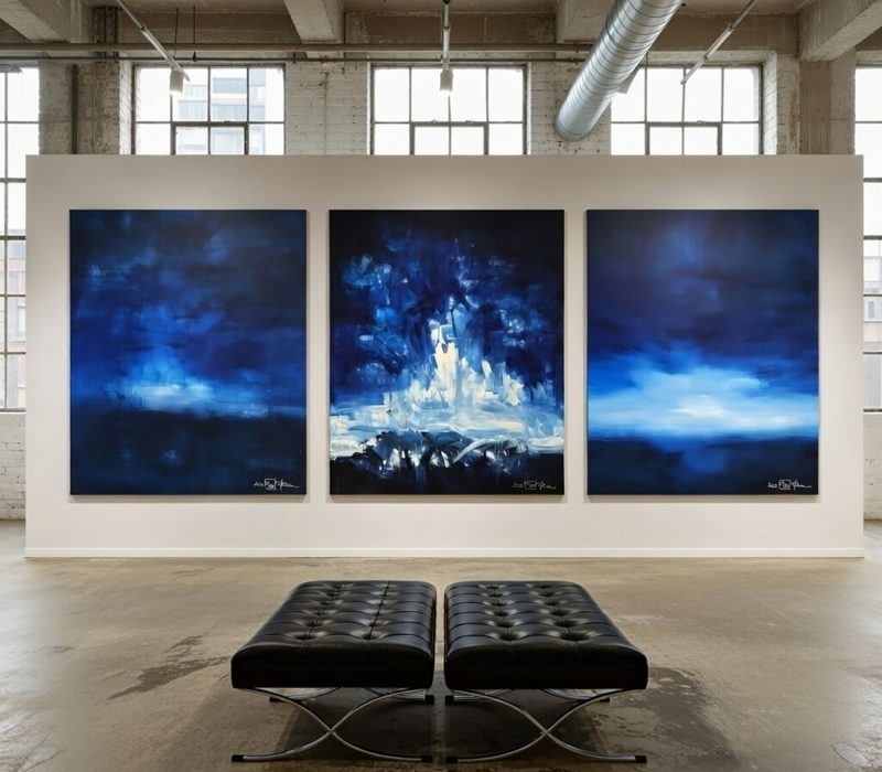 AFTER THE NOISE. large-scale triptych 2026. oil and acrylic on canvas. 330 x 120 cm. 129.9 x 47.2 in.