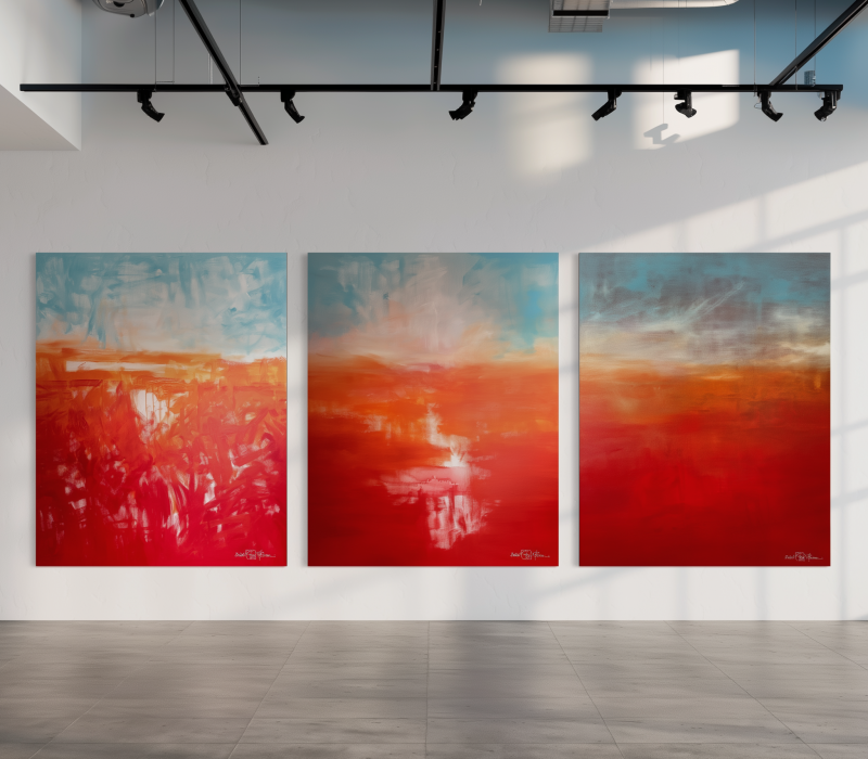 AFTER CHAOS. large-scale triptych 2026. oil and acrylic on canvas. 390 x 150 cm. 153.5 x 59.1 in.