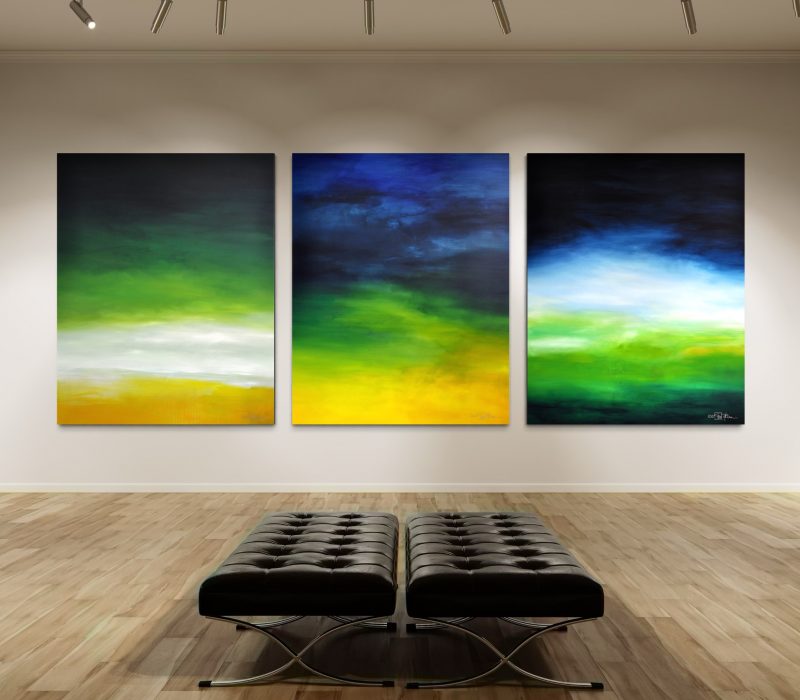 LATE SUMMER IN THE HAMPTONS. large-scale triptych 2021. oil and acrylic on canvas. 390 x 150 cm. 153.5 x 59.1 in.