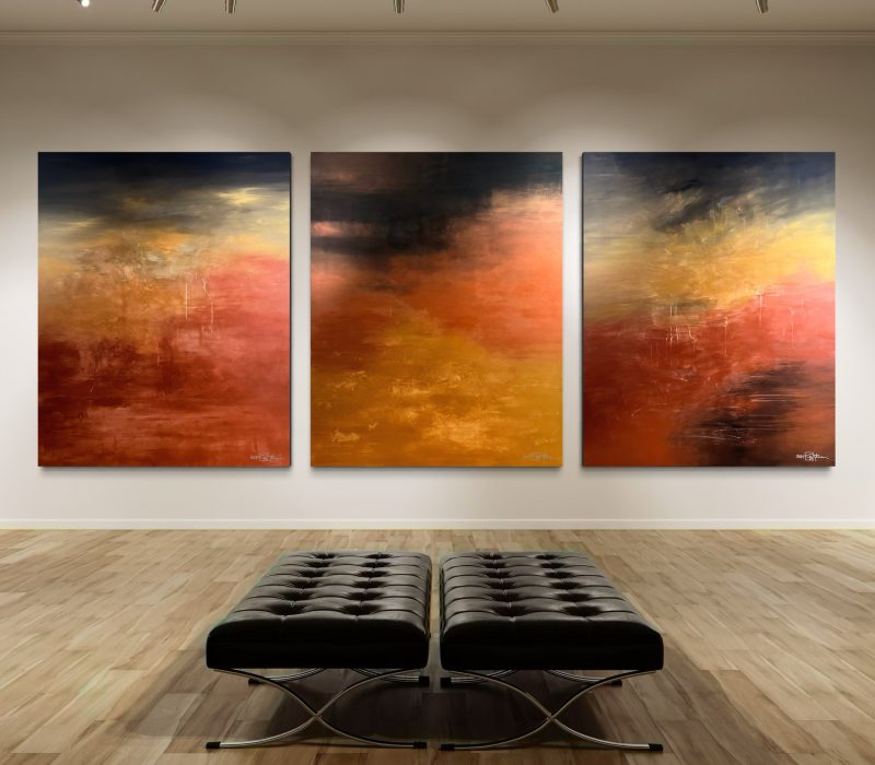 THE GOLDEN EMPIRE AWAKENS. large-scale triptych 2024. oil and acrylic on canvas. 380 x 150 cm. 149.6 x 59.1 in.