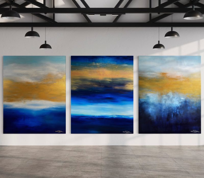 THERE IS BEAUTY BENEATH THE SURFACE. large-scale triptych 2024. oil and acrylic on canvas. 390 x 150 cm. 153.5 x 59.1 in.