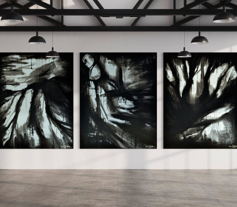 WHEN NIGHTS ARE MORE BEAUTIFUL THAN DAYS. large-scale triptych 2023. oil and acrylic on canvas. 390 x 150 cm. 153.5 x 59.1 in.