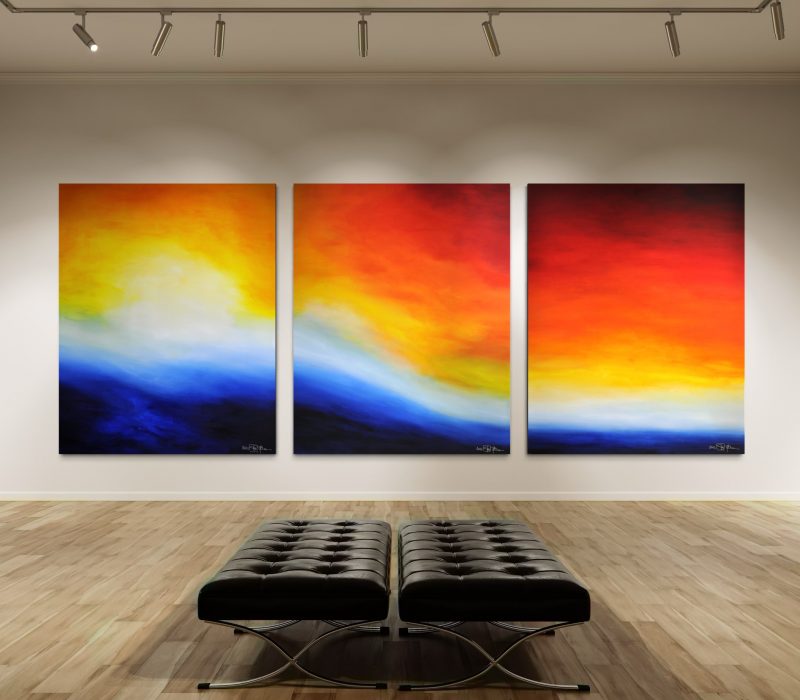 WAITING FOR YOU ON PRISTINE SHORES I. large-scale triptych 2022. oil and acrylic on canvas. 390 x 150 cm. 153.5 x 59.1 in.