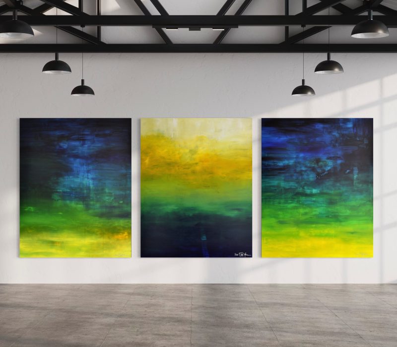 AFTER THE RAIN HAS FALLEN. large-scale triptych 2022. oil and acrylic on canvas. 390 x 150 cm. 153.5 x 59.1 in.