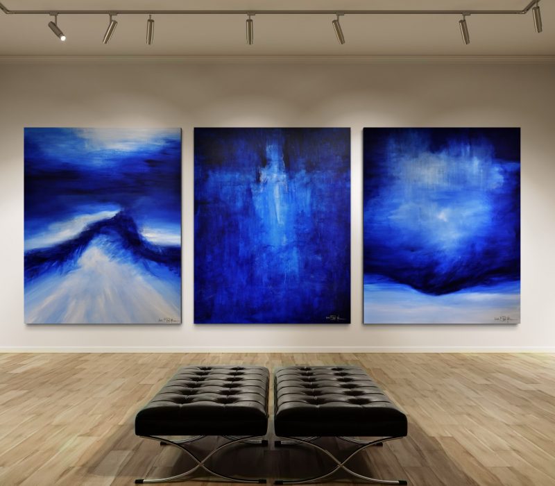 WALK BY THE SEA. large-scale triptych 2024. oil and acrylic on canvas. 390 x 150 cm. 153.5 x 59.1 in.