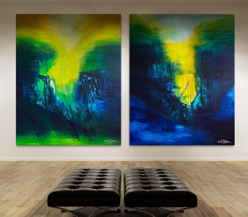 LOVE, HOPE, AND THE BITTERSWEET RAIN. large-scale diptych 2024. oil and acrylic on canvas. 250 x 150 cm. 98.4 x 59.1 in.