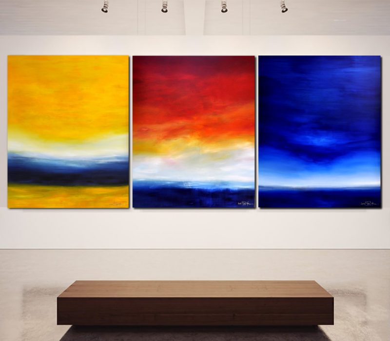 TIME IS DANCING FROM SUNSET TO SUNRISE. large-scale triptych 2019. oil and acrylic on canvas. 390 x 150 cm. 153.5 x 59.1 in.