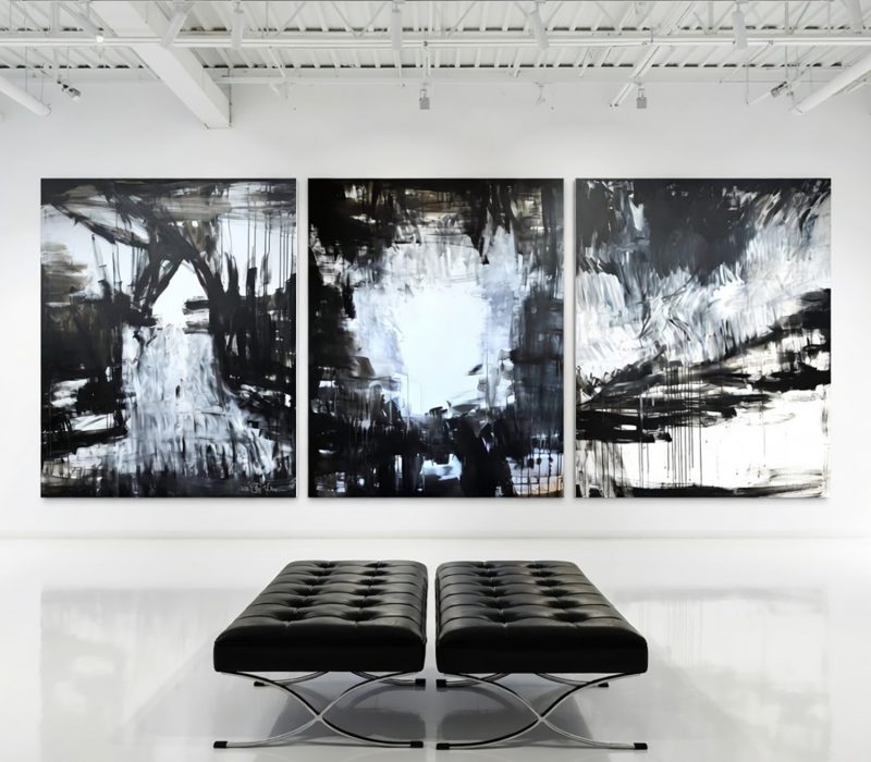 I FOLLOW YOU INTO THE WILDERNESS. large-scale triptych 2026. oil and acrylic on canvas. 390 x 150 cm. 153.5 x 59.1 in.