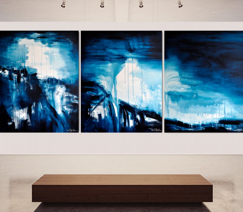 ON THE BANKS OF THE HUDSON. large-scale triptych 2022. oil and acrylic on canvas. 390 x 150 cm. 153.5 x 59.1 in.